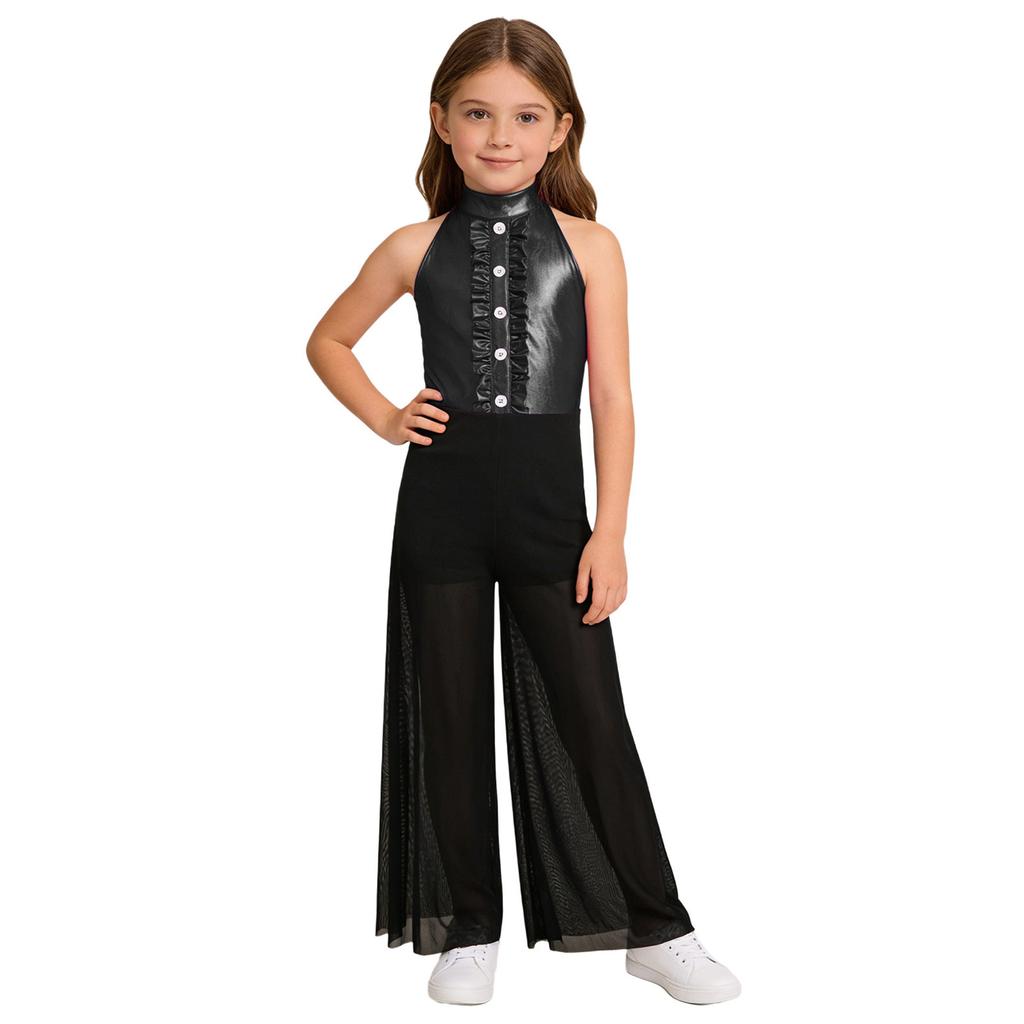 Sprankelende Metallic & Mesh Dans Jumpsuit voor Meisjes: Hoge Hals Mouwloos met Gerimpeld Bovenlijf & Wijdvallende Broek voor het Podium