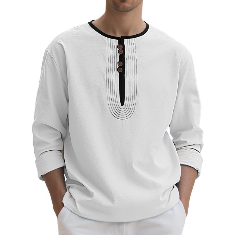 Henry Neck Men's Solid Color Linen Loose Casual Sports Long-sleeved T-shirt