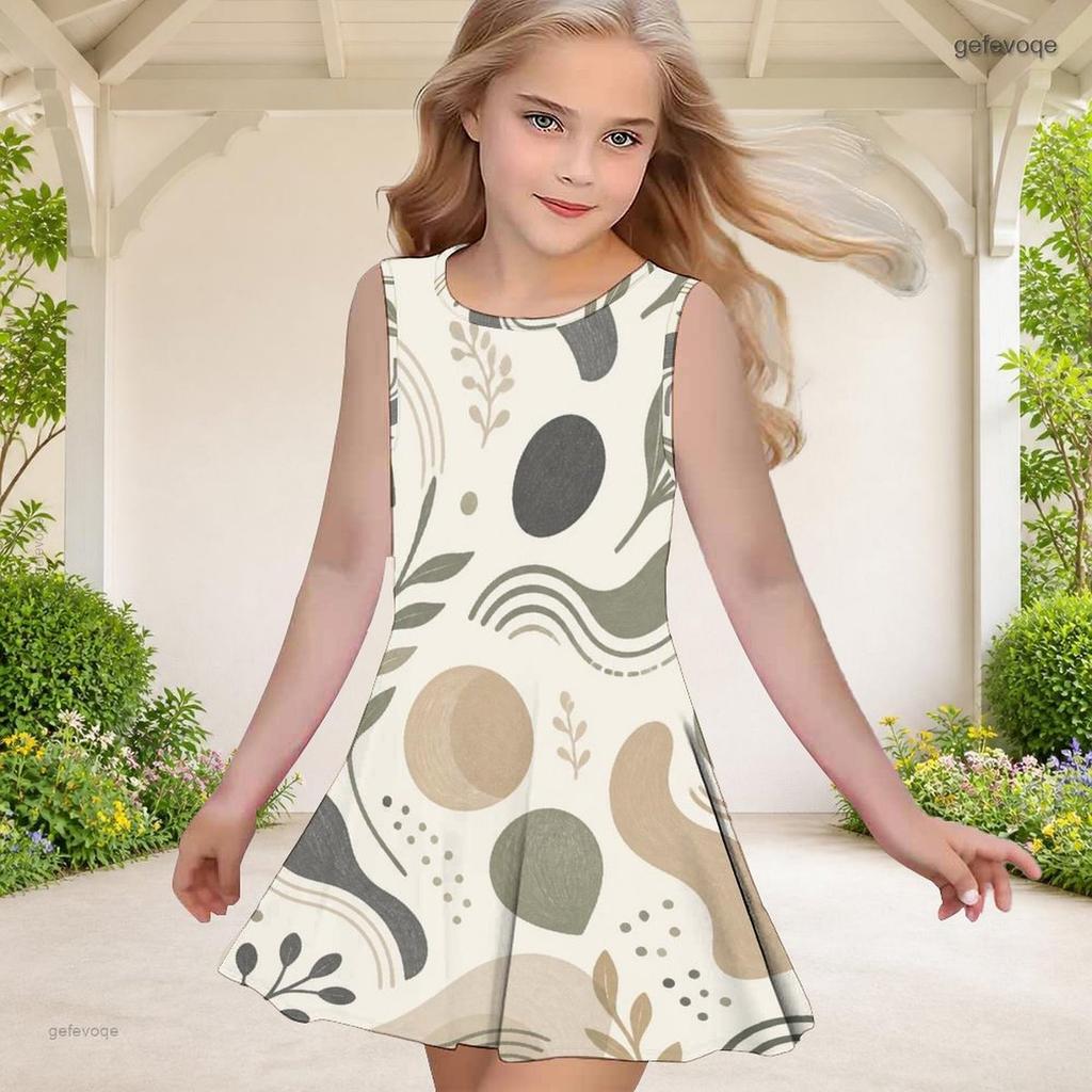 Girls Sleeveless Round Neck Geometric Printed A Line Flared Dress Red Black Beige