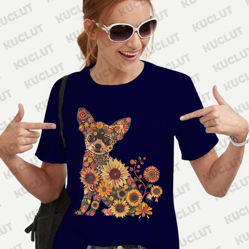 Dámské tričko s květinovým vzorem a čivavou, módní halenka s krátkým rukávem, Harajuku Ulzzang letní Y2k topy, dámské estetické oblečení