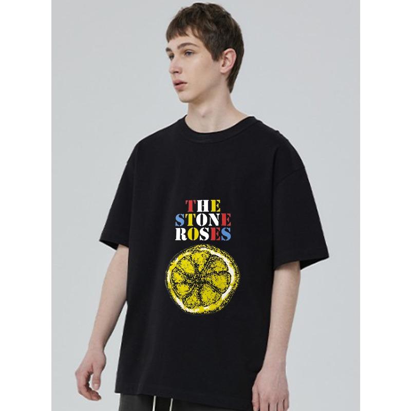 The Stone Roses Black T-Shirt with Lemon Print and Band Name for Casual Wear