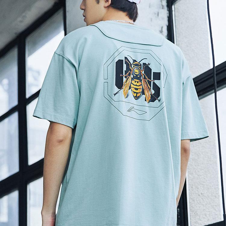 Li Ning Bad Five Multi Pocket Sports Basketball Series Round Neck Loose Sports T-Shirt Men Tops Gray-Mist-Green AHSQ307-5