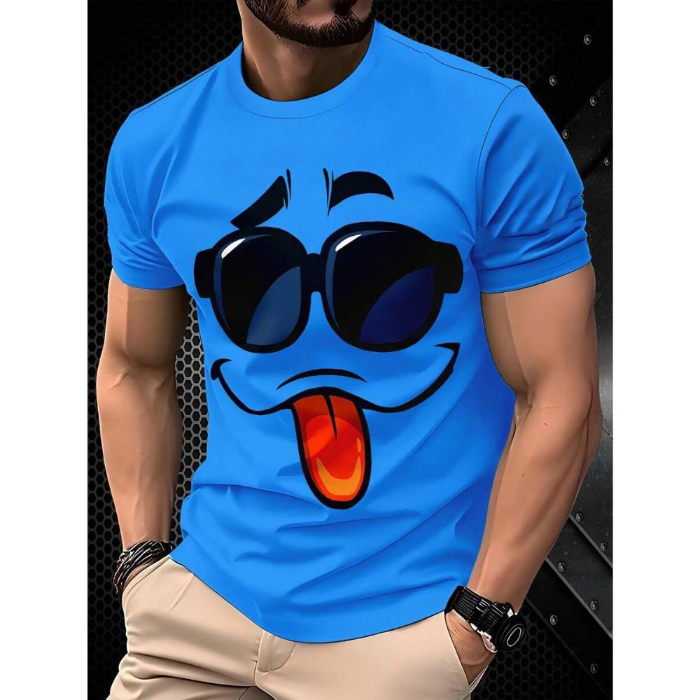 Herren Spaß 3D Gesichtsdruck Lässiges Rundhals Kurzarm T-Shirt, Lässiges Mode Sommer Kurzarm Oberteil. 100% Polyester, Leichter Stoff
