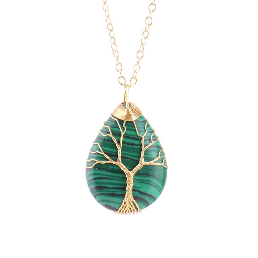 Natural Crystal Water Drop Leaf & Tree of Life Pendant Necklace for Women, Alloy Woven Jewelry Accessory N749