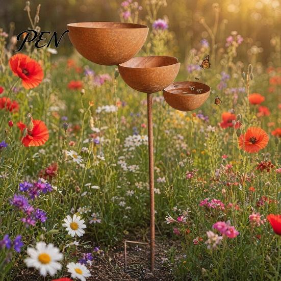 Metal Bird Feeder Stake 3 Tiered Cascading Rain Catcher Bath, Garden Water Iron Bowl Feeder, Outdoor Pollinator Watering Station for Garden,