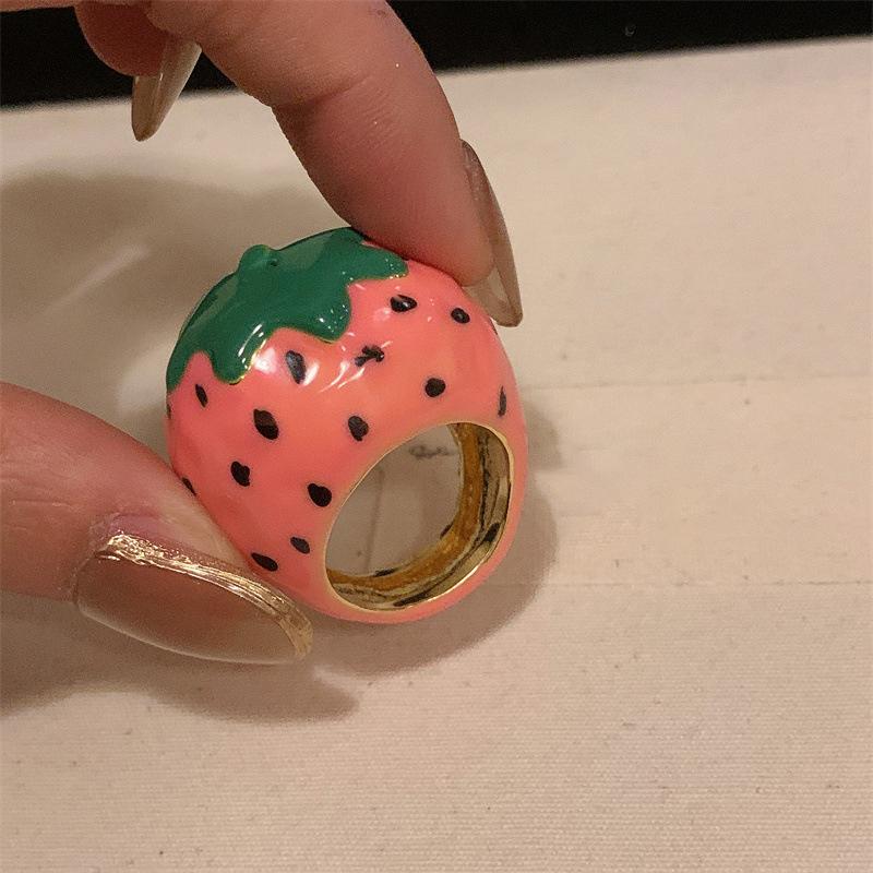 Einzigartiger Erdbeer-Drip-Öl-Ring Zitrone Tropfendes Öl-Gemälde Ring Koreanischer Stil Kirschfrucht Emaille-Ring Geschenk