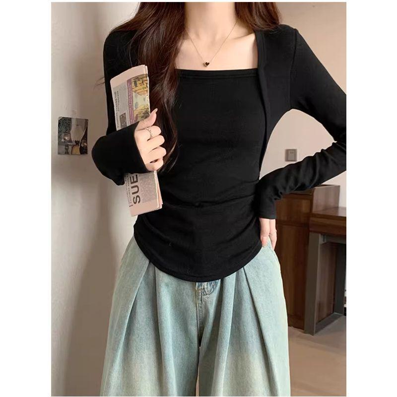 Long Sleeve Square Neck Slim Fit Clavicle Top with Velvet Lining for Women's Autumn/Winter