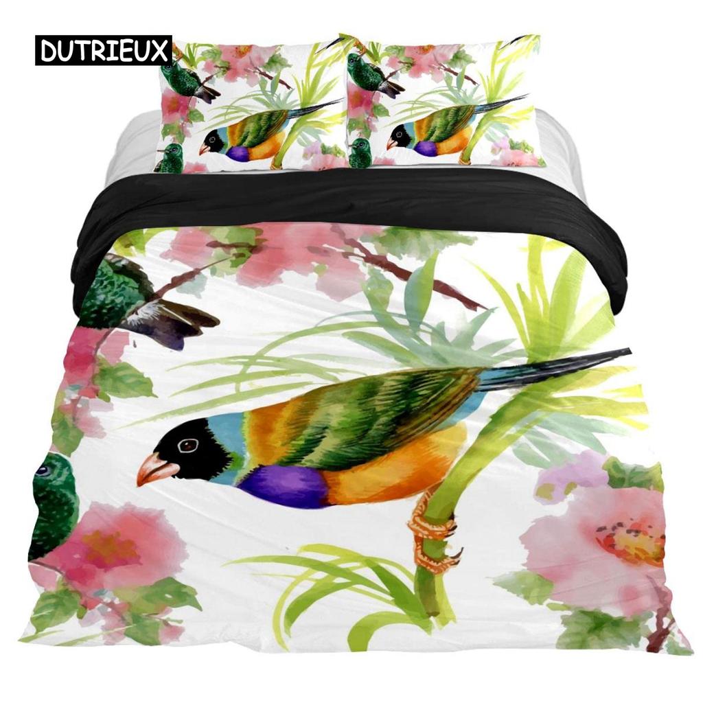 Hummingbirds Bedspread Cover Kit Tropical Flowers Nature Blooms Bed Cover Kit Tropical Birds Theme Queen Dimension Size 2/3 Pcs Comforter Cover