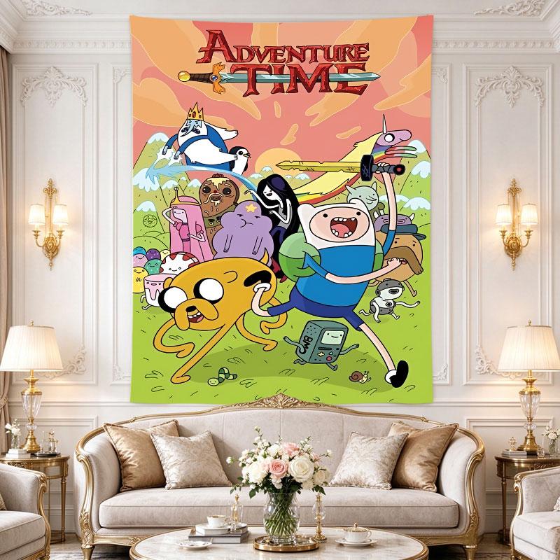 Adventure Time, Finn and Jake running across green hills surrounded by princesses, BMO and Ice King under an orange sky Wall Hanging