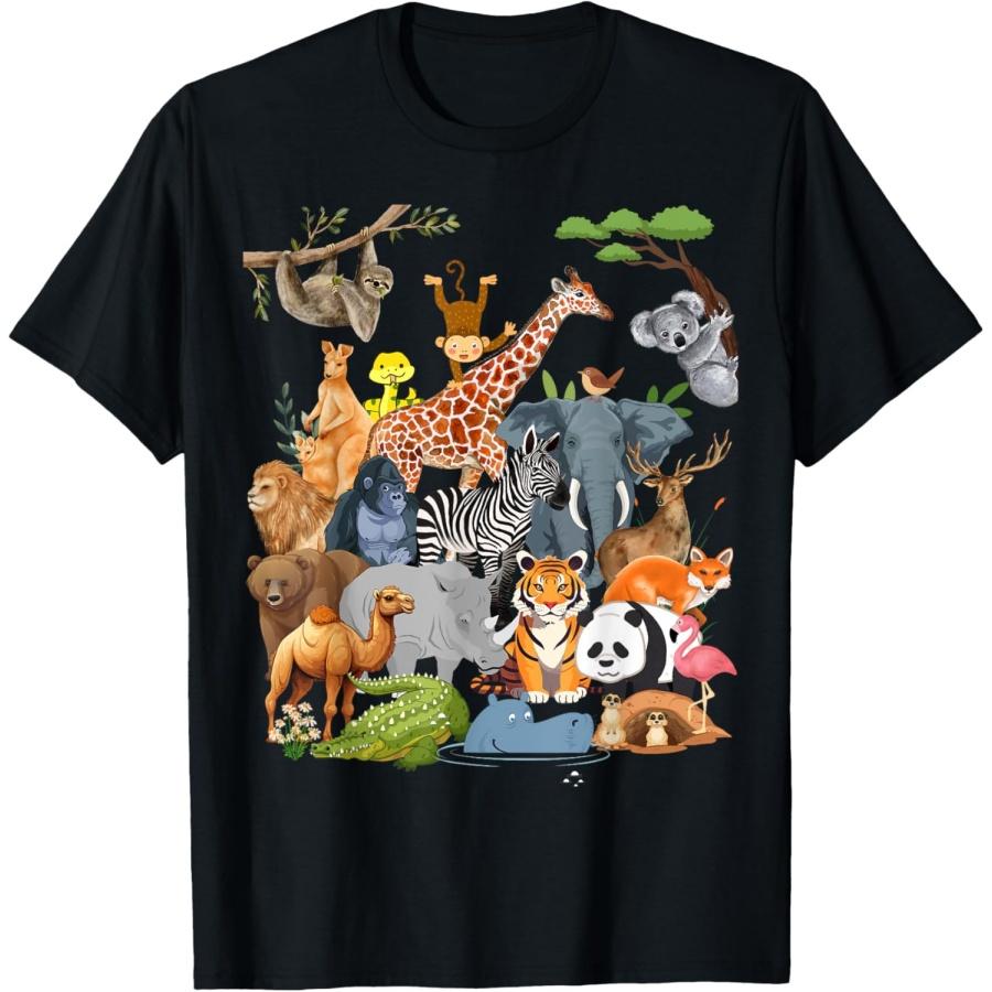 Men Women and Kids Wildlife Zoo Day Party Cute 22 Animals T-Shirt S чёрный