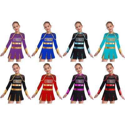 Vestido de Cheerleading Brillante con Pedrería para Niñas, Manga Larga con Diseño de Letras, Patchwork de Color Metálico, Falda Plisada, Disfraz de Baile
