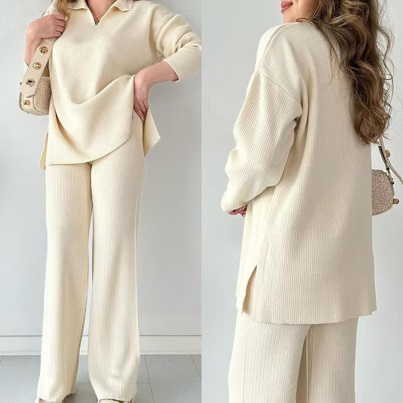 Autumn and Winter Fashion Solid Color Loose Hem Split Knitted Sweater Two-piece Set Women