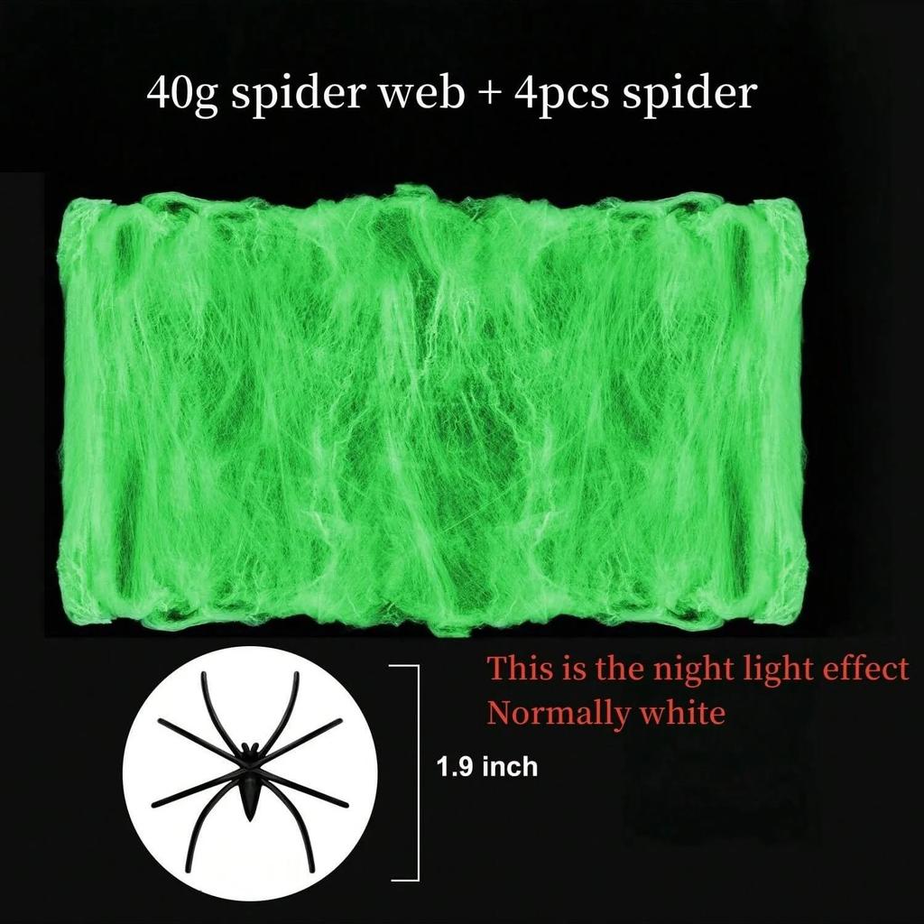 White Glowing Stretch Cobwebs with Black Plastic Spiders Halloween Indoor Outdoor Creepy Party Haunted House Decor