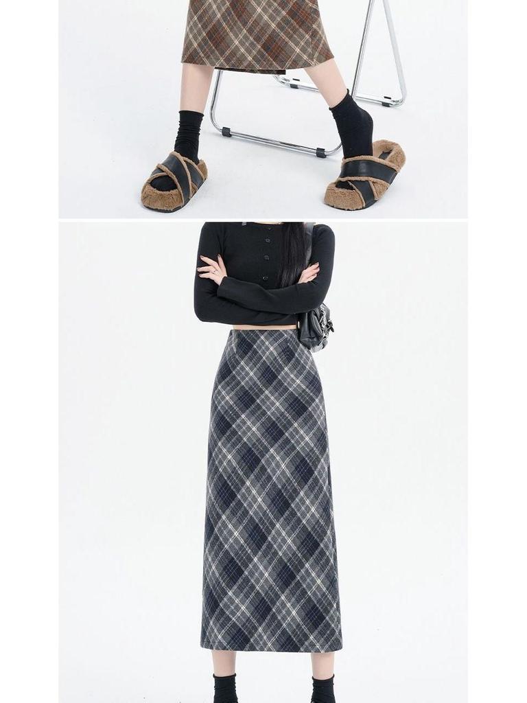 2025 Spring/Autumn High Waist Slit A-line Wool Plaid Midi Skirt for Women