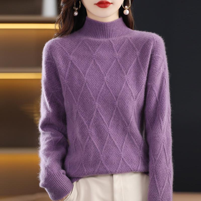 Women's High Neck Pure Wool Pullover Sweater with Diamond Pattern, Thick Base Layer, Solid Color Knit.