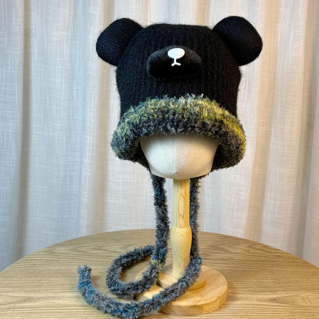 New Cute Bear Knitted Hat for Women in Autumn and Winter Warm Plus Velvet Ear Protection Hat Cold Proof Pullover Woolen Hat
