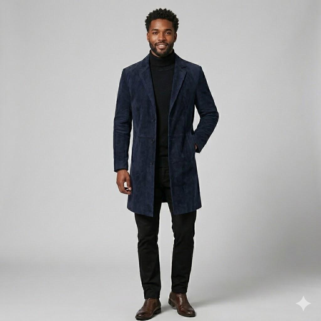 Men s Stylish Trench Coat Navy Blue Suede Lambskin Leather Soft Party Handmade S темно-синий