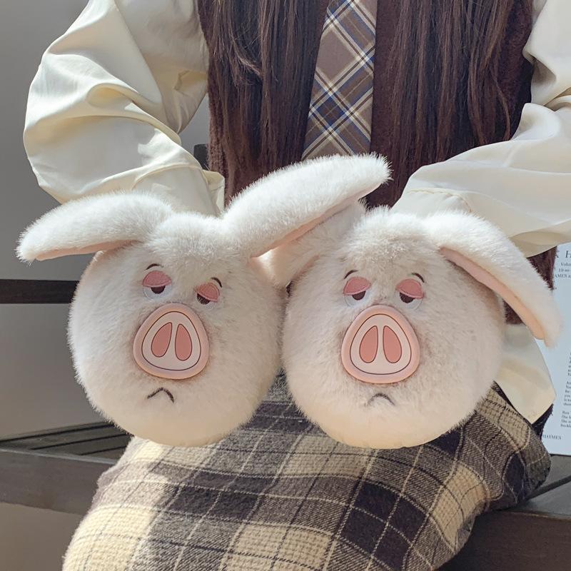 New Cartoon Cute Pig Hair Slippers Autumn and Winter Home Piled Warm Non-slip Shoes Cotton Slippers