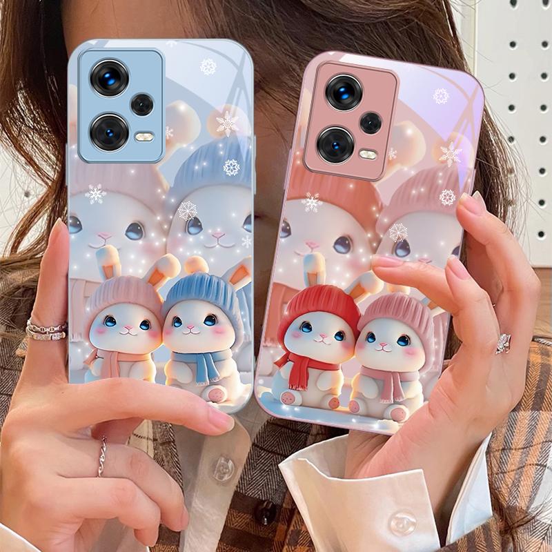 Cute pink twin rabbits For Redmi Note 10 10T 11 12 13 14 11T 11S 12 14 Pro Plus A4 14C A3 A3x K40 Gaming Tempered Phone Case