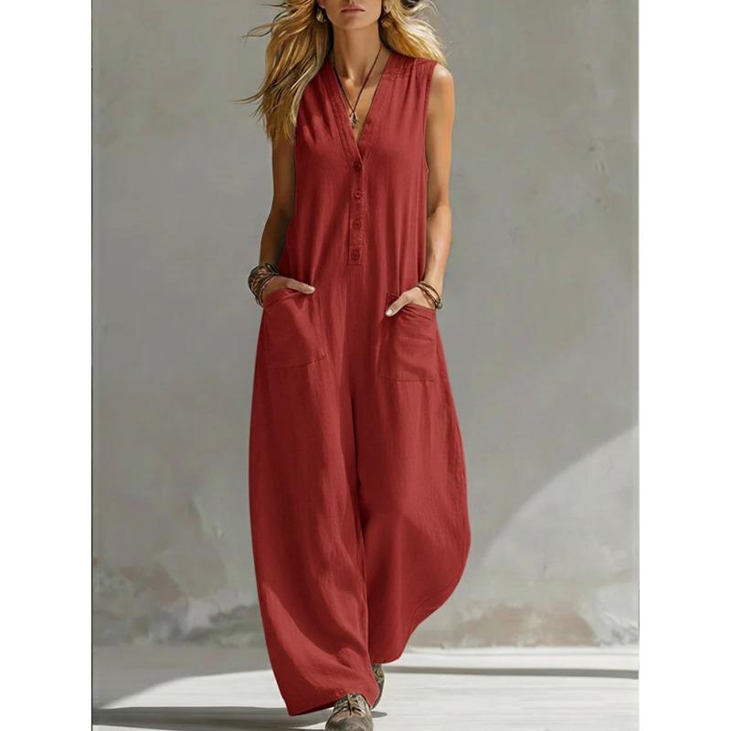 Dámský neformální overal bez rukávů s V-výstřihem, volným střihem a dvěma kapsami