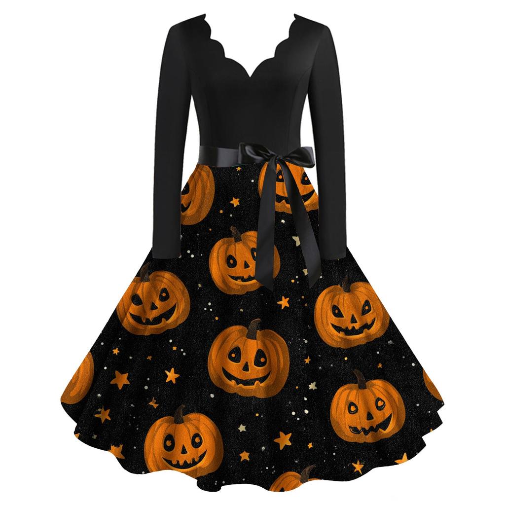 Halloween Print Flare Dress For Damer Langermet Kjole Fritidskjoler