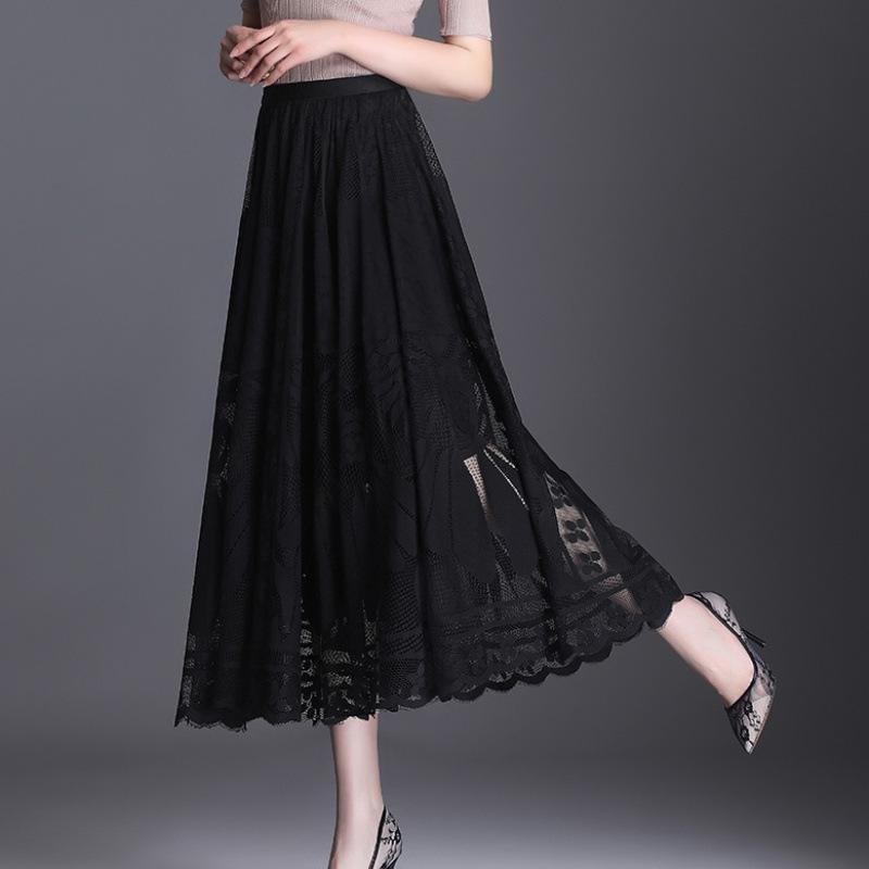 Women Vintage Sexy Hollow Lace High Waist Elegant Party Long Skirt Summer Fashion Black Pleated Fairy A Linen Maxi Skirts Faldas