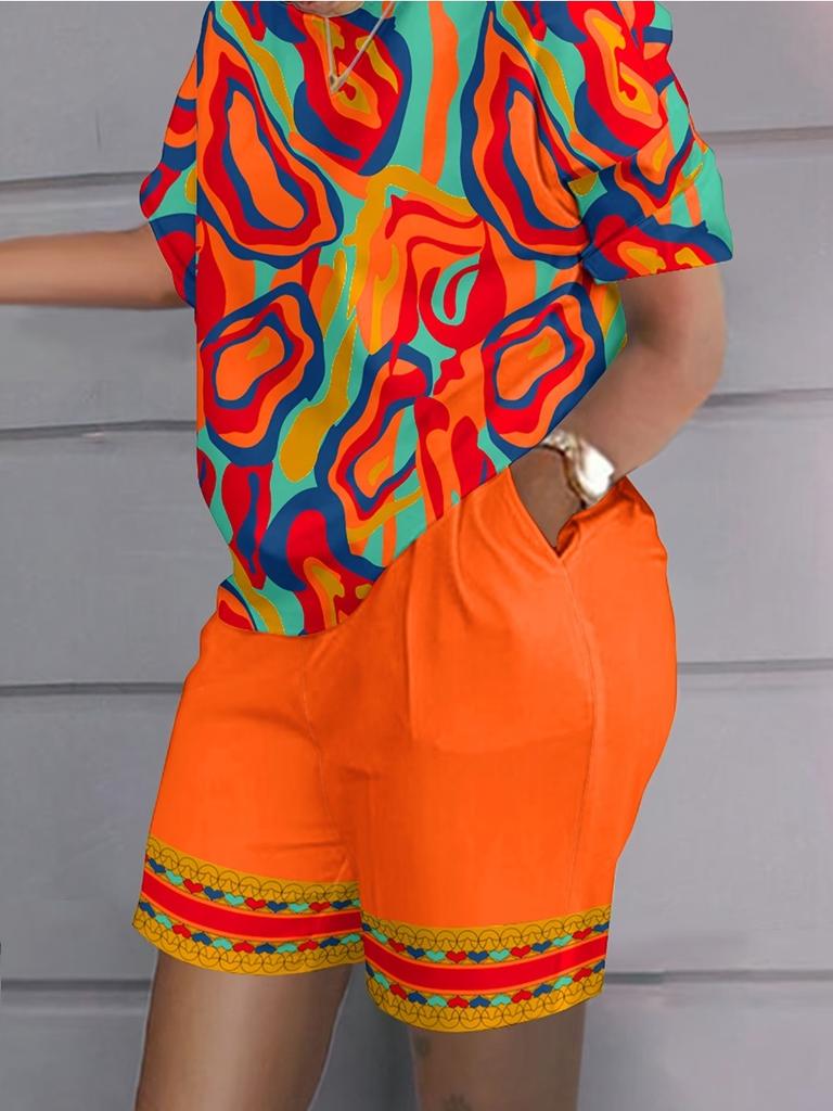 Plus Size Women's Colorful Abstract Print Summer 2-Piece Casual Short Sleeve Round Neck T-Shirt & Shorts Summer Loungewear 6XL