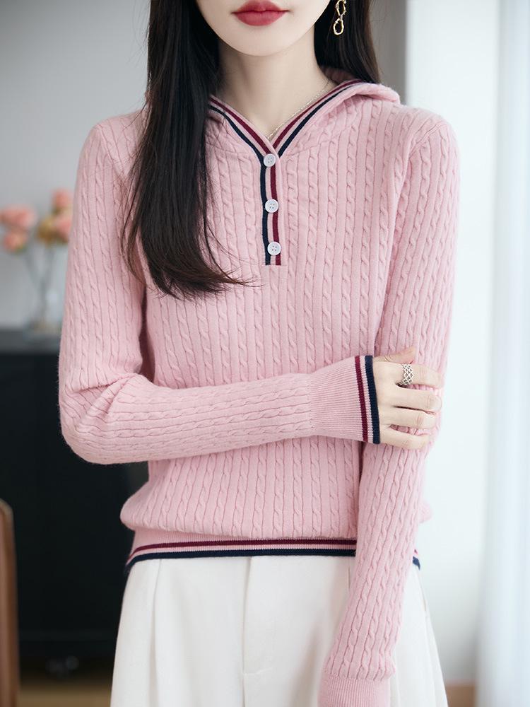 Женский вязаный свитер с капюшоном на пуговицах, приталенный - Осень 2025, Корейский шик, Студенческий стиль XL розовый
