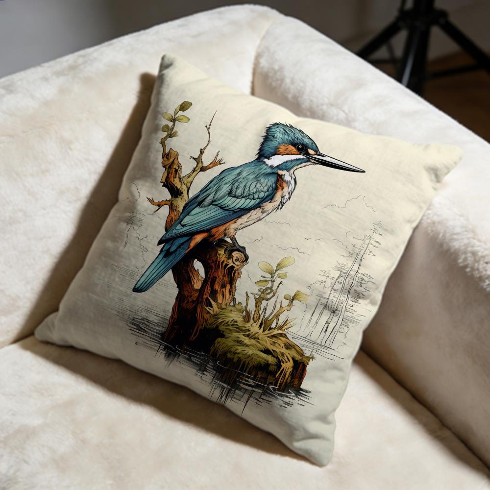 Kingfisher Watercolor Painting Cushion Cover Soft Decorative Pillow Case Suitable for Bedroom Sofa Car Travel Use