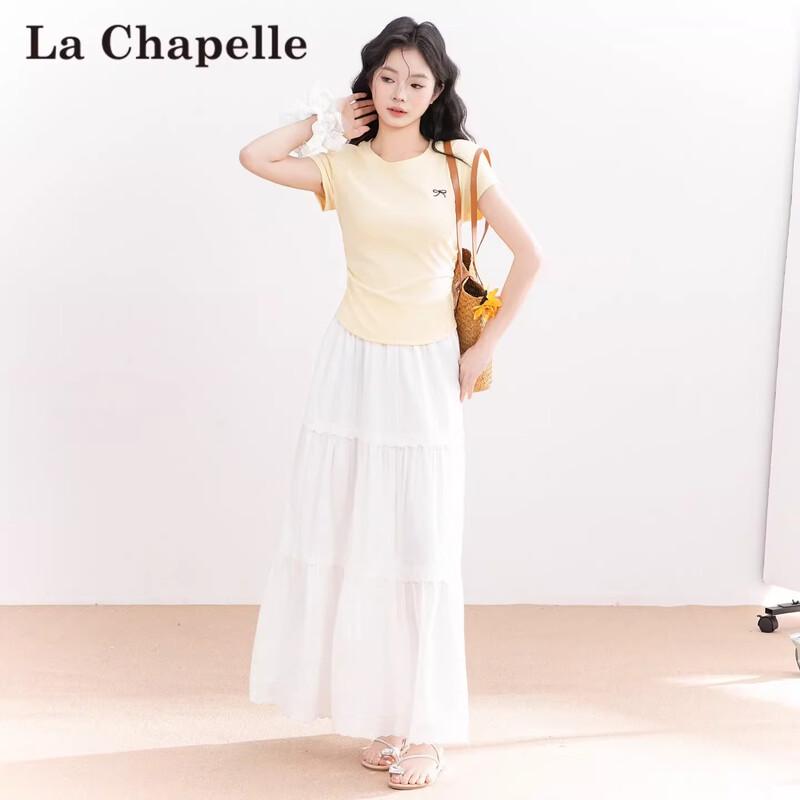 La Chapelle Women's Pleated Bow Embroidery Short Sleeve T-Shirt