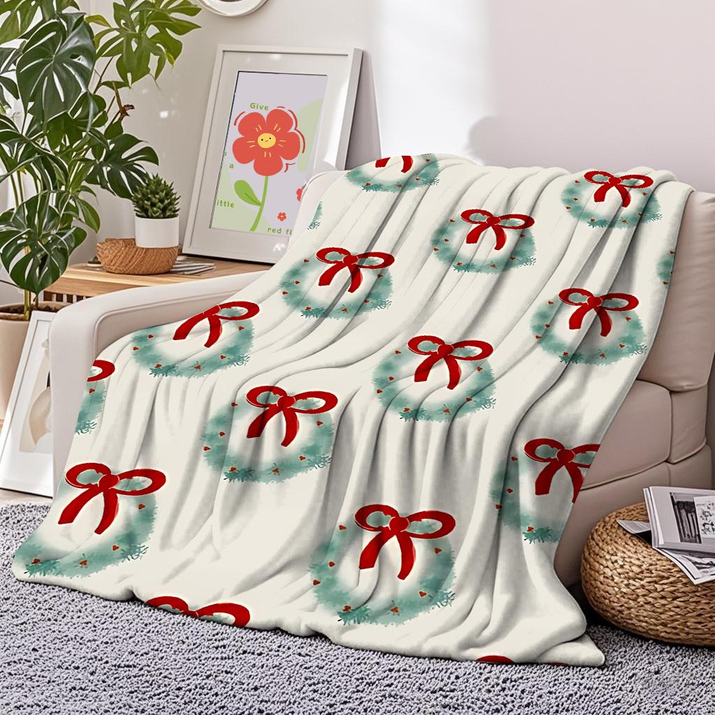 1pc Cozy Flannel Blanket 280gsm - Plush Wreath & Bow Green Grey Olive Green with Red Bow - Large Soft Bedspread for Couch, Sofa,