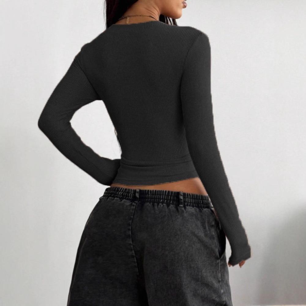 Fashion Women's Flared Cuff V-neck Top, Ribbed Knit Form-fitting Crop Top, Versatile Casual Top for Spring & Fall Outfits