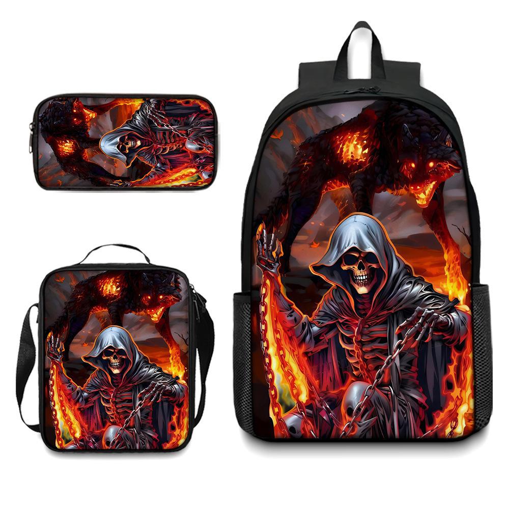 Skull Student Backpack Set Fashion Double Shoulder Bag Crossbody Bag Pencil Case Trendy Accessories Multifunctional School Bag
