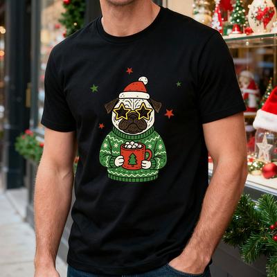 T-shirt Homme Coton Vacances de Noël Chien Carlin Rétro Drôle Patte d'Animal Graphique Décontracté Quotidien Fête de Vacances Cadeau de Noël Festif