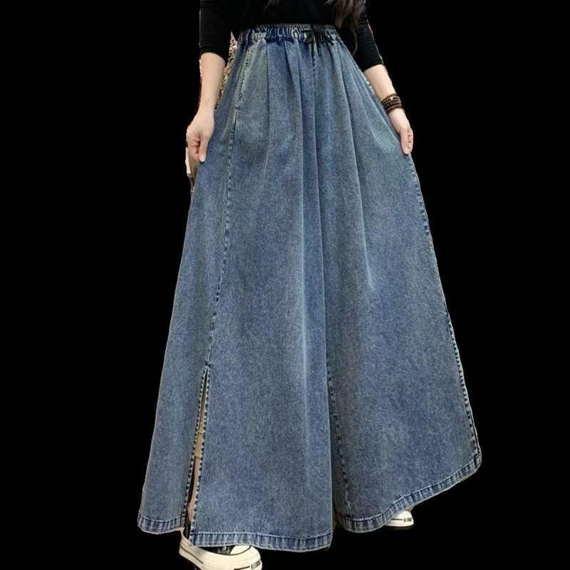 2026 Spring/Summer High-Waisted Slit Wide-Leg Retro Denim Skirt Pants for Women - Artistic and Versatile Casual Long Pants