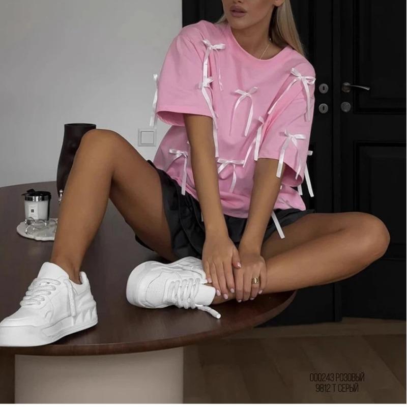 Summer New Design Three-dimensional Bow Decoration Versatile Mid-length T-shirt for Women