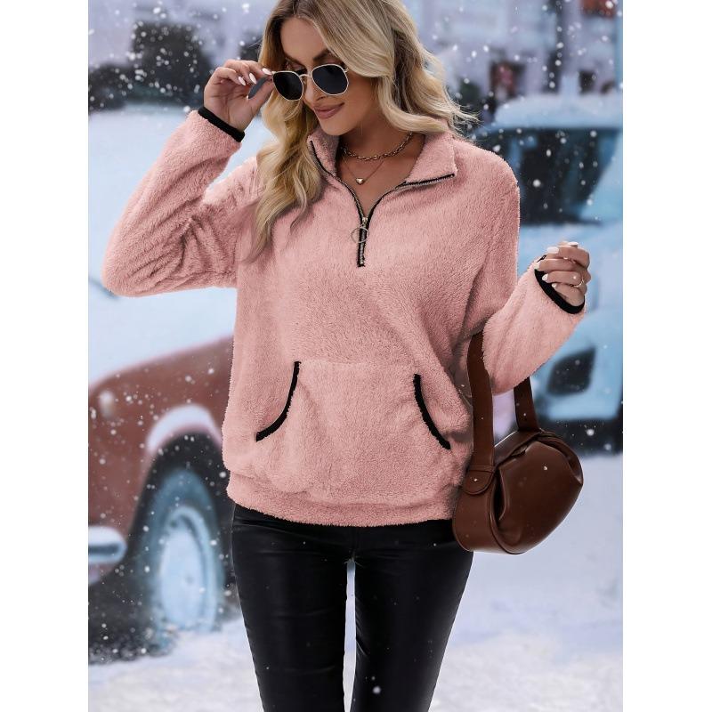 Independent Station New Autumn Winter Half Turtleneck Zipper Pocket Fashion Plush Sweatshirt for Women