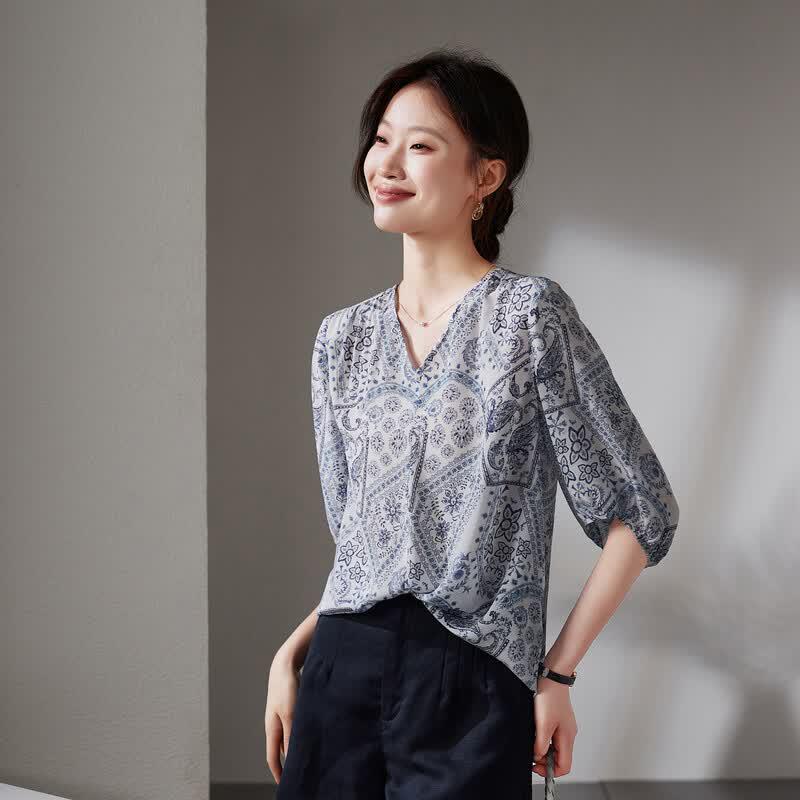 SOFSIL Women s Printed V-Neck Silk Blouse L