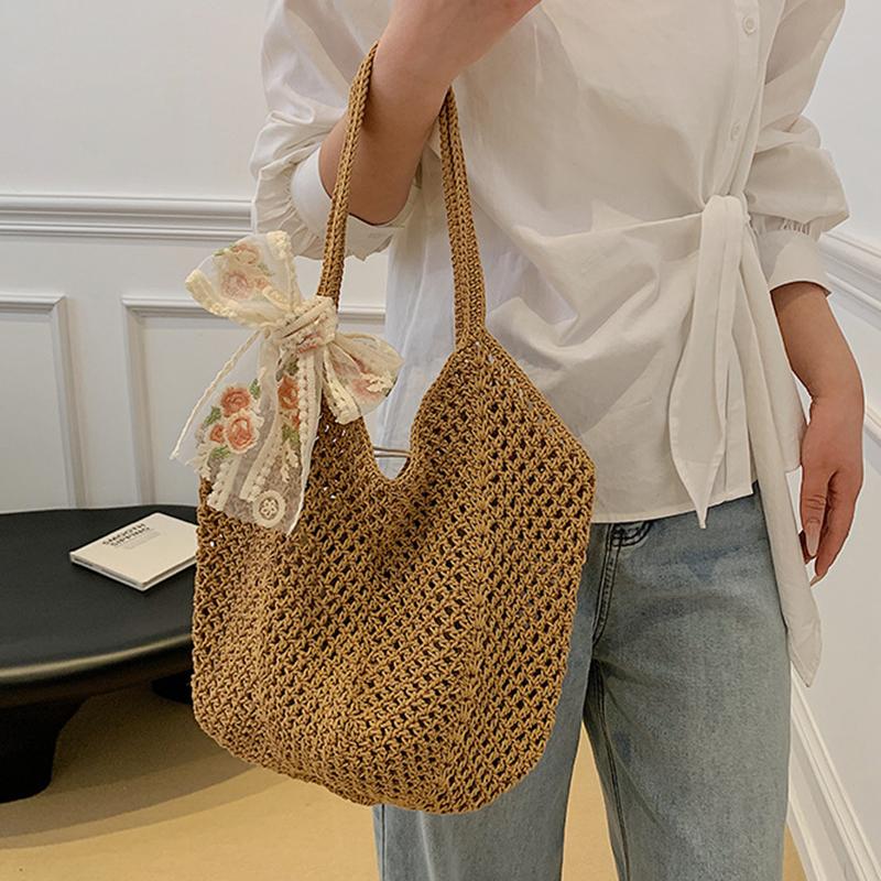 Summer Lace Bow Tote Bags Women Raffia Knitting Woven Shoulder Bag 2025 Rattan Large Casual Crochet Shopping Bag Ladies Handbag