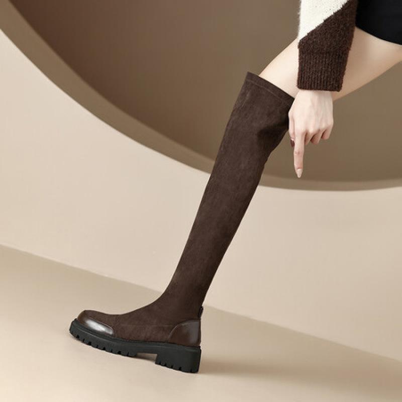Autumn and winter women's thick-soled over-knee boots round head medium heel large size leather boots sleeve suede boots Korean version M