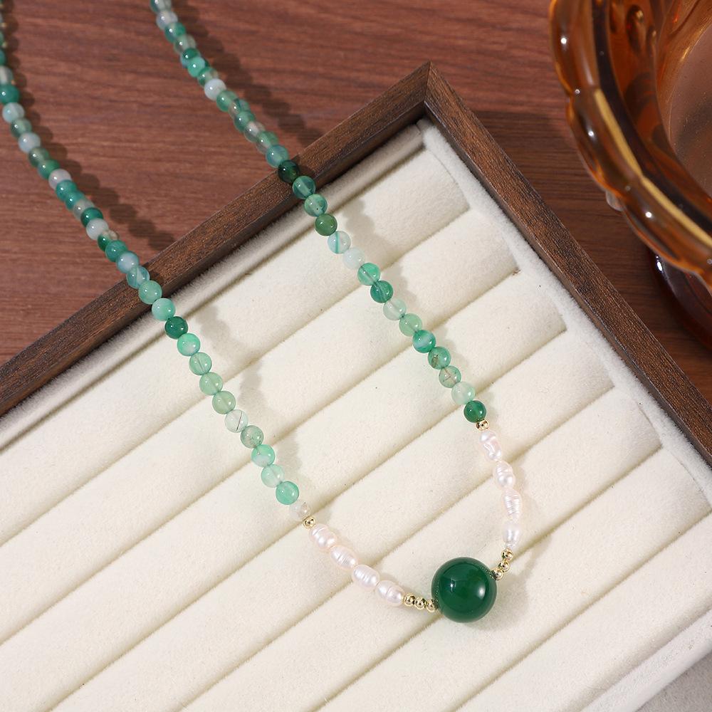 Chinese Green Chalcedony & Pearl Necklace and Bracelet Set - Artistic Forest Style Accessories