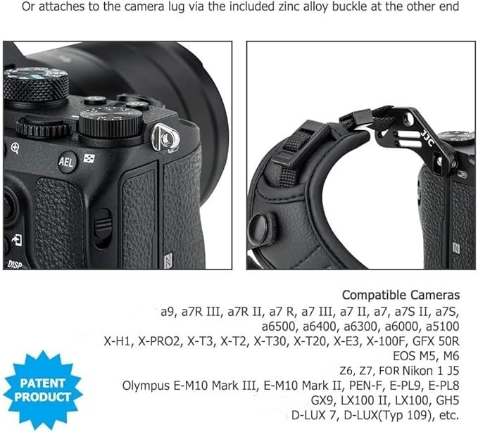 JJC Wrist Strap for Nikon Z Fujifilm Sony A6000 Black Fc, Z50, Z5, X-T50, X-S10, X100V, X-Pro3, X-Pro2, X-T4, X-T3, X-T2, X-T30, X-T20, X100F, ZV-E10,