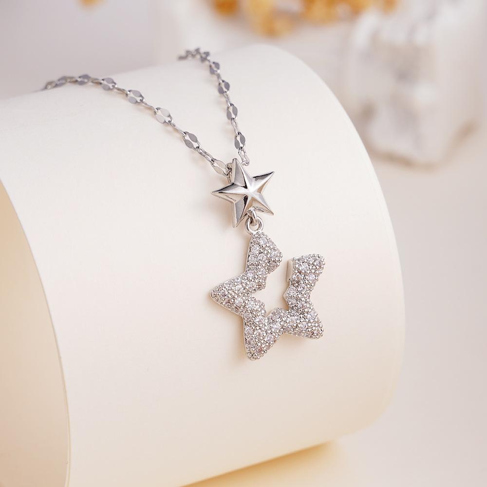 Luxury Fashion Bling Zircon Star Heart Pendant Necklace for Women Men Cool Stainless Steel Chain Jewelry Accessories Gifts