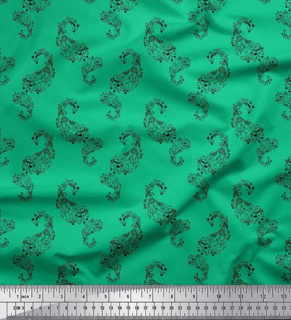 Soimoi Green Japan Crepe Satin Fabric Primrose & Paisley Decor Fabric Printed Metre 42 Inch