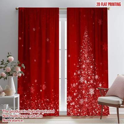 2pcs,2D Plane Printing Curtain Popular Christmas Red Xmas Snowflake Versatile Polyester Fabric (without Rod) Room Decor Perfect