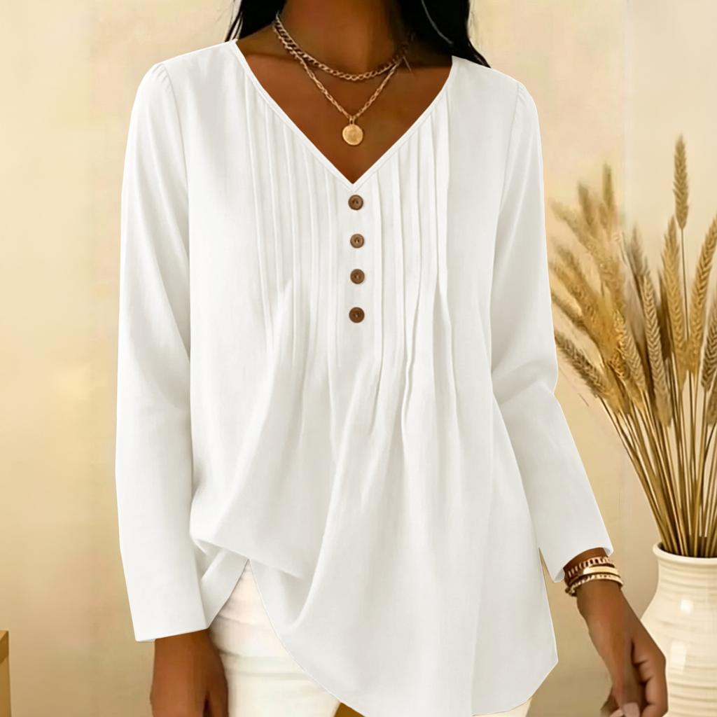 Women's Pleated V Neck Long Sleeve Blouse Button Detail Casual Lightweight Top for Work or Everyday Wear