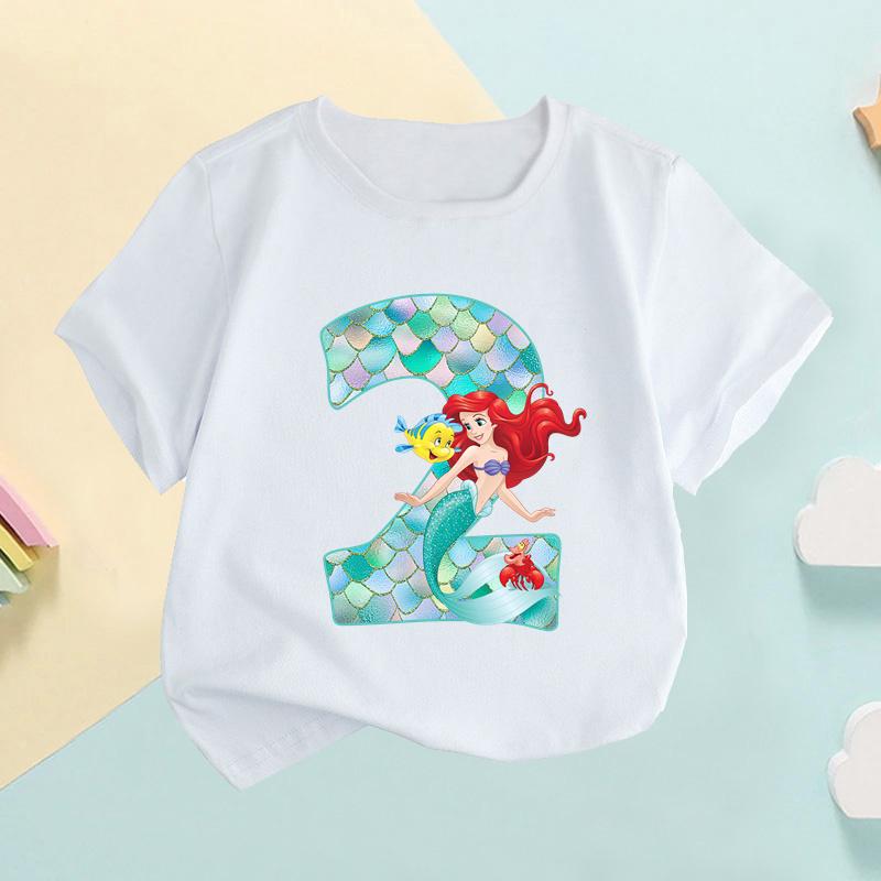 The Little Mermaid Ariel Princess Number Print Girls Clothes 1 2 3 4 5 6 7 8 9 Years Birthday Kids T Shirt Baby T-Shirt
