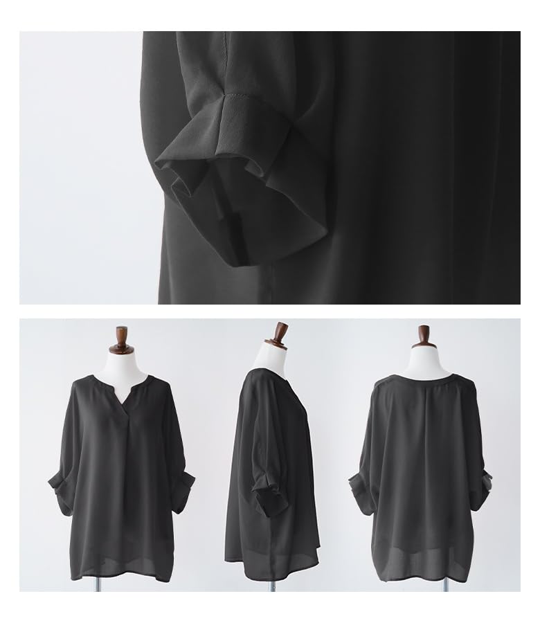 Oshare Walker Tuck Sheer Dolman Solid Loose tbn0212 n'OrLABEL "Refined Blouse" Women's Spring/Summer Top, 3/4 Sleeve, 5/8 Sleeve, Sheer, V-Neck,
