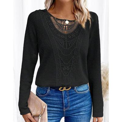 Damen 3XL Unterhemd T-Shirt Frühling und Herbst Lässig Einfarbig Spitzeneinsatz Rundhals Langarm T-Shirt