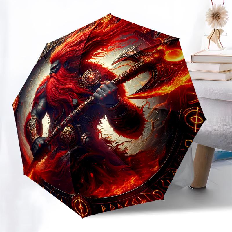 Viking Warrior with Axe: Fantasy Art PrintUmbrella, Portable 3-Fold Compact Umbrella for Men & Women Gift